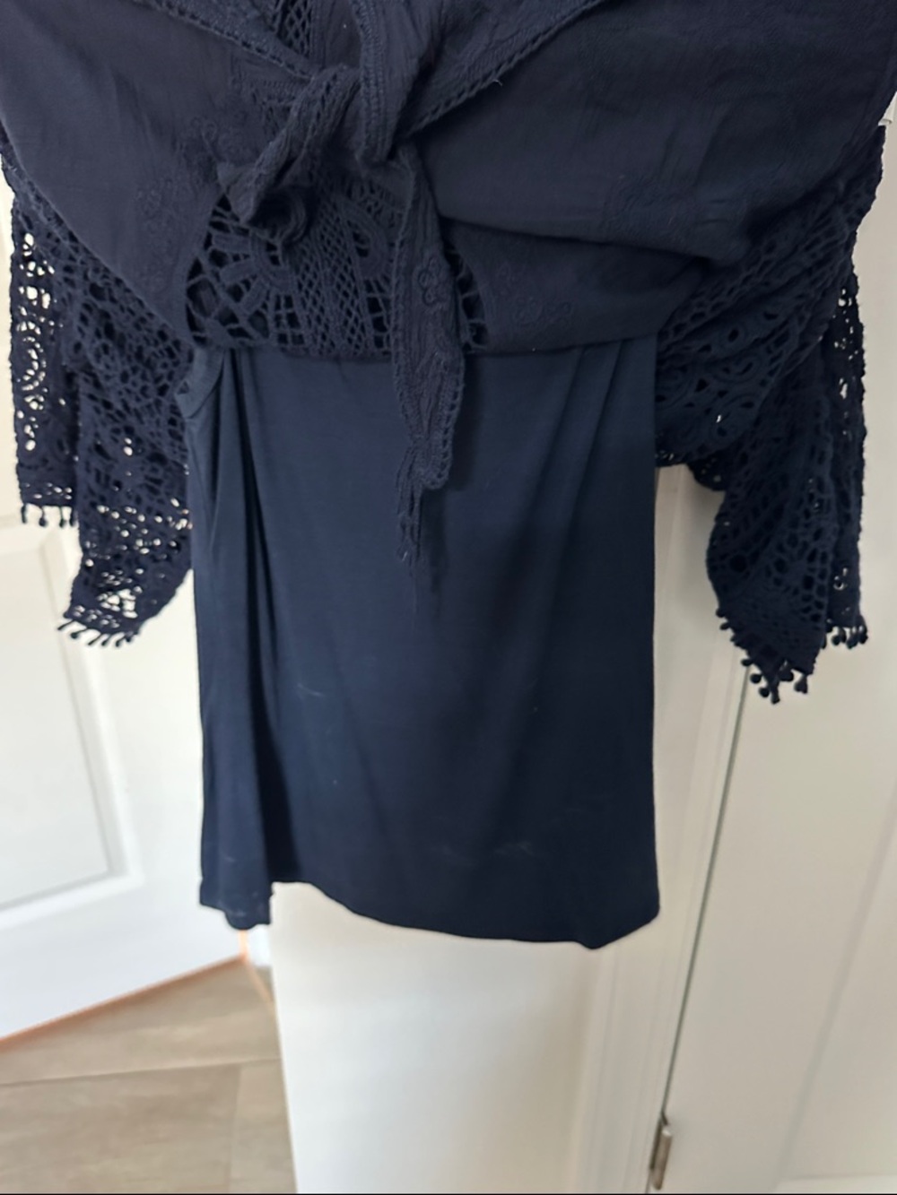 Democracy Navy Crochet Lace oversized tie front Boho Blouse - Picture 6 of 7